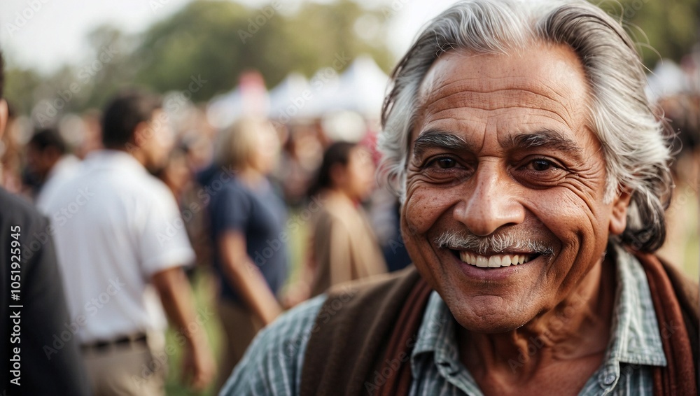 Obraz premium Smiling elderly man outdoors at a lively gathering, exuding warmth and friendliness.