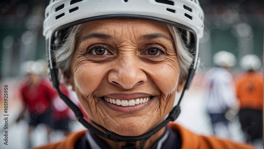 Elderly woman with a joyful expression wearing a hockey helmet on the ice rink. Elderly woman with a joyful expression wearing a hockey helmet on the ice rink.