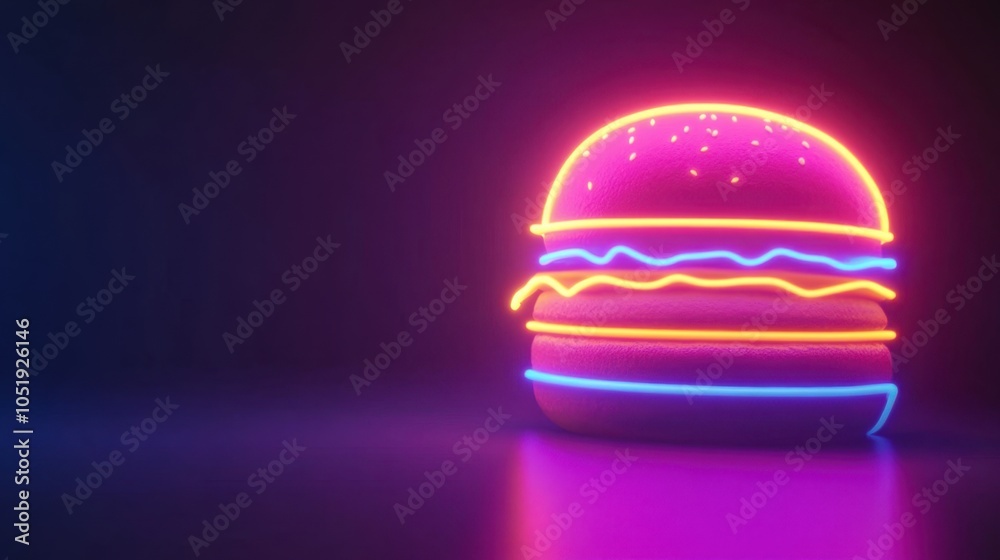 A vibrant neon light sign of a burger, glowing in multi-color against a dark background for a bold effect. A vibrant neon light sign of a burger, glowing in multi-color against a dark background for a bold effect.