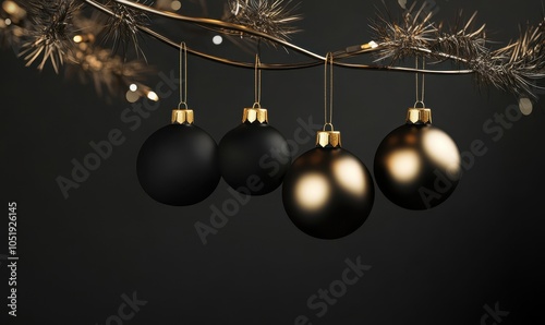 Elegant black and gold Christmas ornaments hanging on a sleek metal branch, with soft shadows.  illustration.