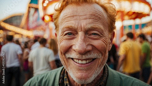 Smiling elderly Caucasian man with red hair enjoying a lively fairground setting.