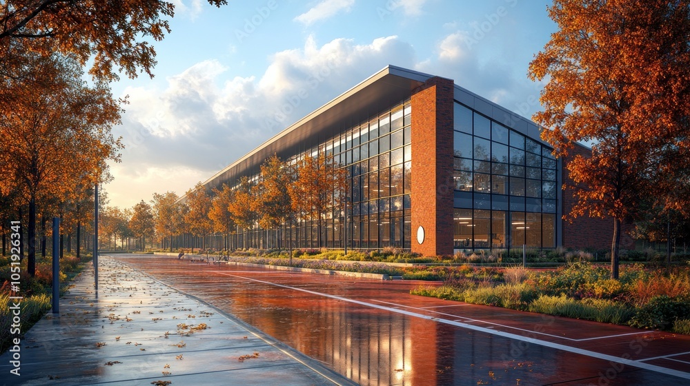 Obraz premium Modern building surrounded by autumn trees and wet pavement.