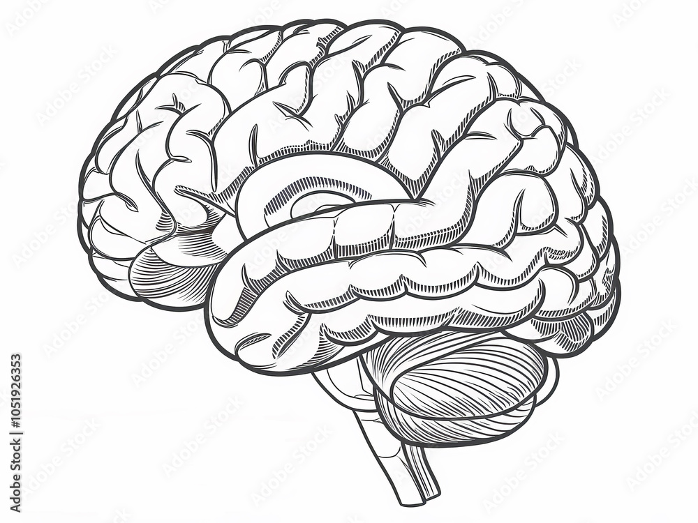 Detailed line art of human brain featuring intricate neural pathways Detailed line art of human brain featuring intricate neural pathways