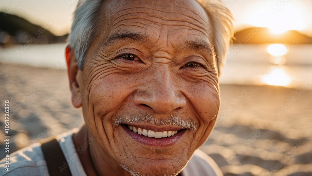 Portrait of a smiling elderly Asian man enjoying a beach sunset, highlighting his wisdom and contentment in a serene coastal setting. Portrait of a smiling elderly Asian man enjoying a beach sunset, highlighting his wisdom and contentment in a serene coastal setting.