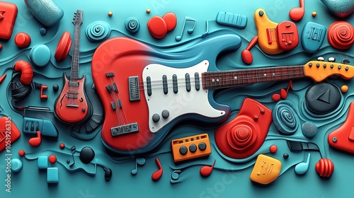 Electric Guitars, Musical Notes, and Abstract Shapes on a Blue Background