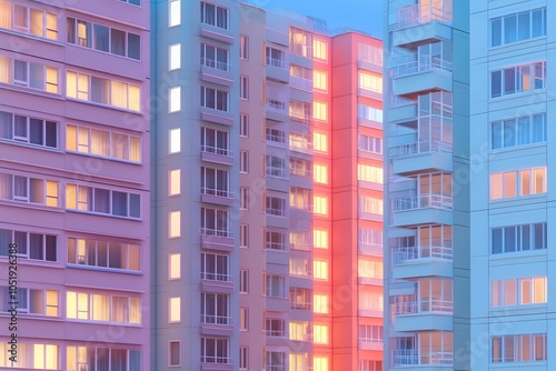 A cityscape of tall buildings, each building painted in different colors like reds and blues, against the night sky