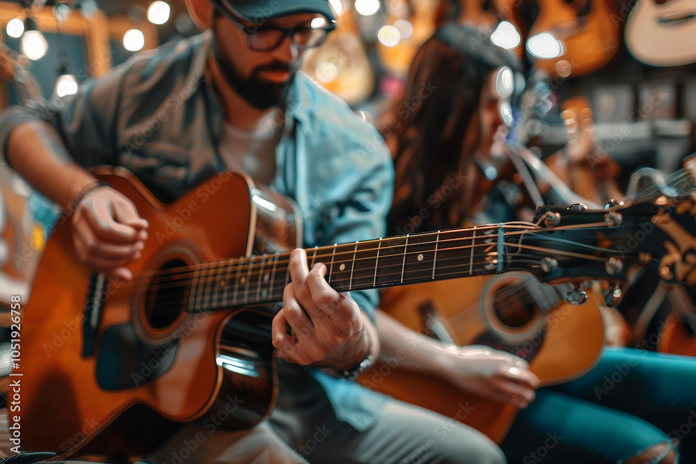 Fototapeta premium Person look vinyl records in retro music store, surrounded by various music genres classic CDs tapes vintage musical instruments, Generative AI