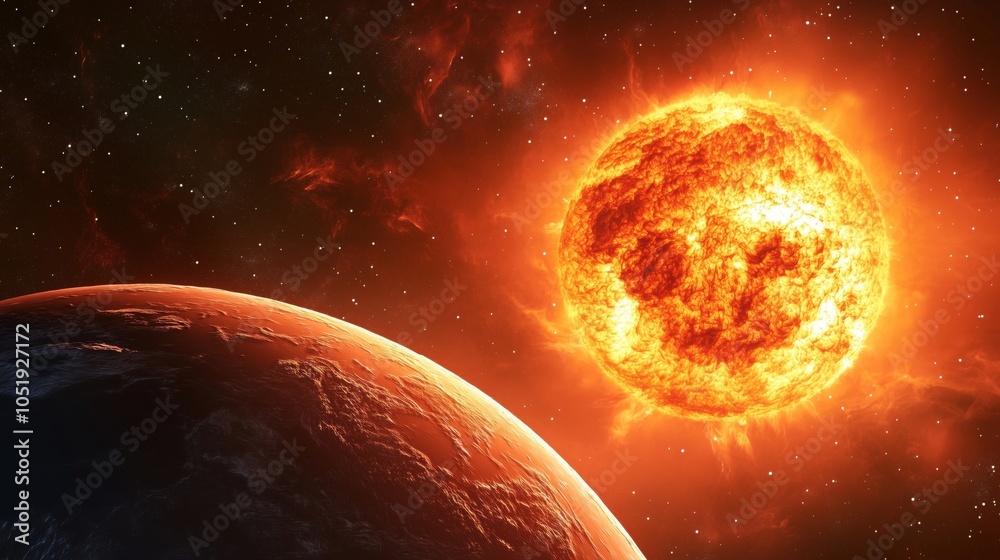 Obraz premium Sun and Earth in space, vibrant solar flares, cosmic background, celestial bodies