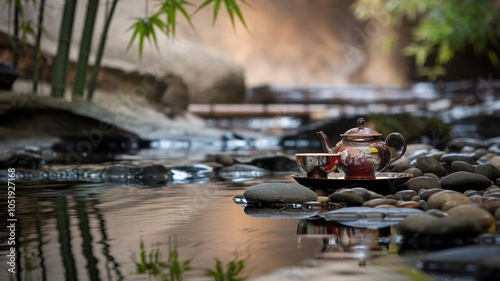 A traditional teapot and teacups sit on a rock in a flowing stream.  The water is calm and clear and the air is filled with the scent of bamboo. photo
