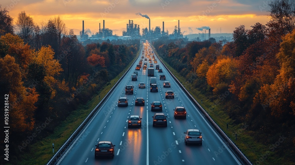 A highway lined with cars near an industrial skyline at sunset. A highway lined with cars near an industrial skyline at sunset.