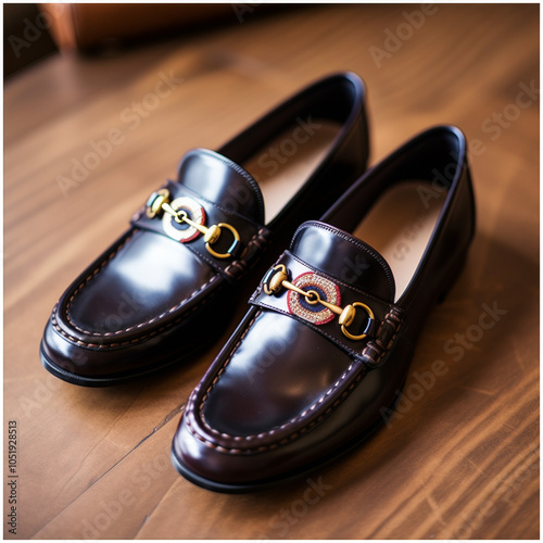 Elegant Brown Leather Loafers with Gold Detailing on Wooden Surface for Fashion and Lifestyle Photography photo