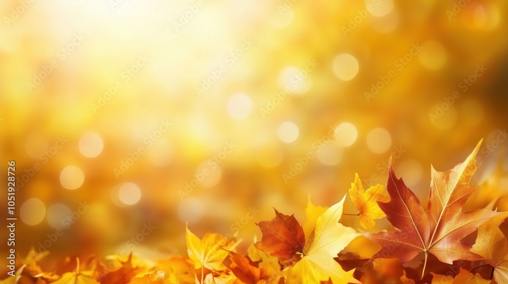 Fototapeta premium Autumn leaves scattered on ground, warm golden background, soft bokeh effect