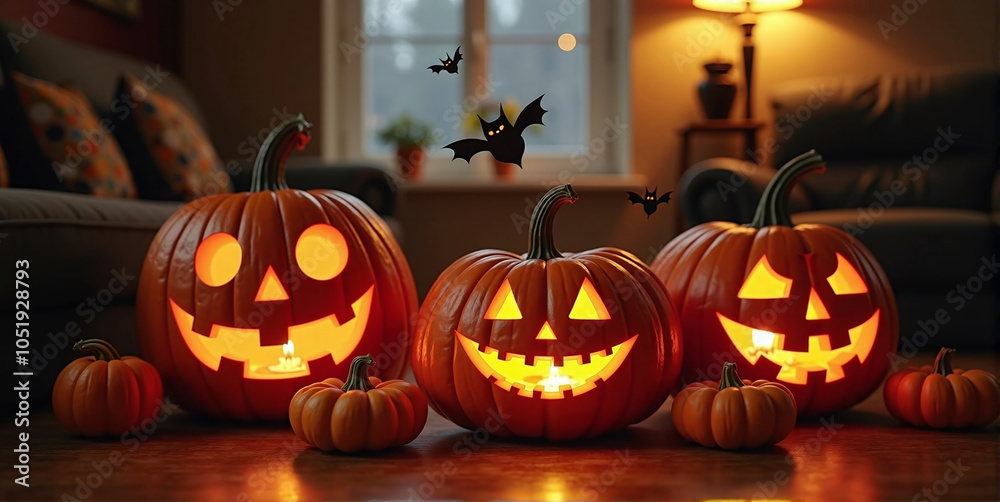 Fototapeta premium House decorated with spooky Halloween decorations, pumpkin faces and bats, helloween and thanksgiving tradition
