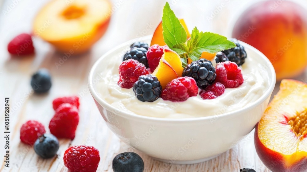 Bowl of creamy yogurt with fresh berries and peach slices, arranged on a rustic table for a refreshing snack. Bowl of creamy yogurt with fresh berries and peach slices, arranged on a rustic table for a refreshing snack.