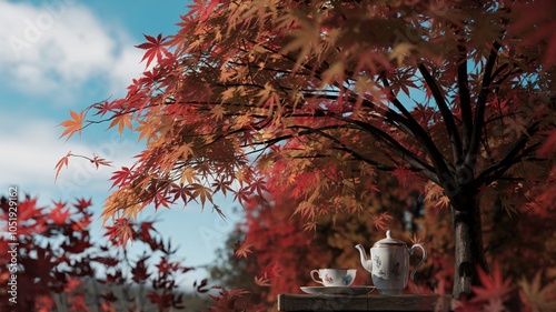 Tea set under a vibrant autumn tree. photo