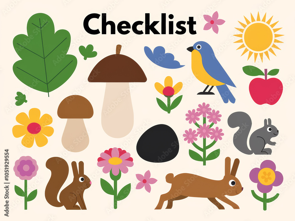 Fototapeta premium Colorful nature icons: animals, flowers, and plants for checklists