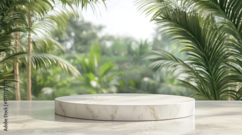 sleek marble podium sits elegantly on surface, surrounded by lush greenery, creating serene and modern atmosphere. This design is perfect for showcasing products or art