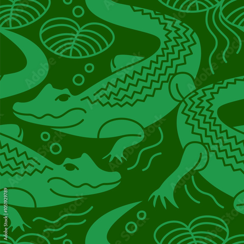Vector seamless pattern with linear style crocodiles swimming in the river