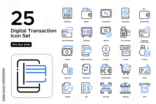 Digital Transaction Line Duo Tone Icon Set: Online Payments, E-Transfers, and Cashless Solutions Icons