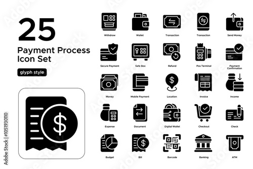 Payment Process Glyph Icon Set: Digital Wallets, Payment Steps, and Quick Transfers Icons