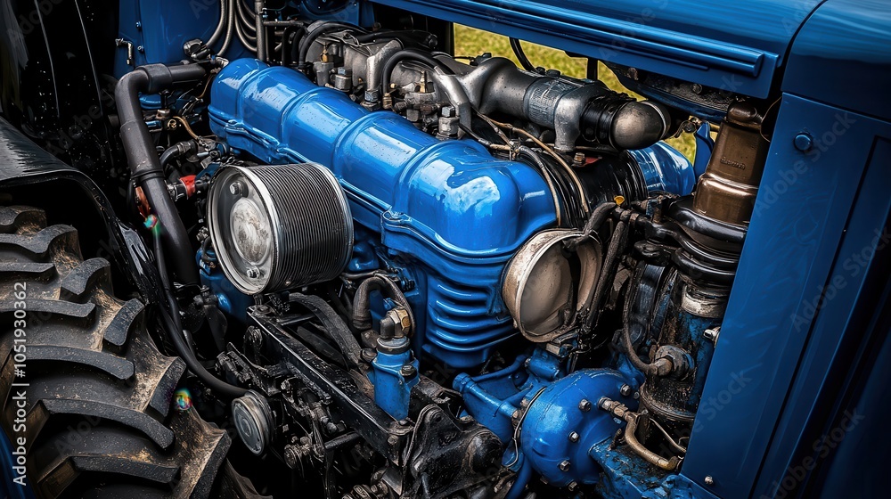 A close-up view of a blue tractor engine showcasing intricate mechanics and robust construction. A close-up view of a blue tractor engine showcasing intricate mechanics and robust construction.