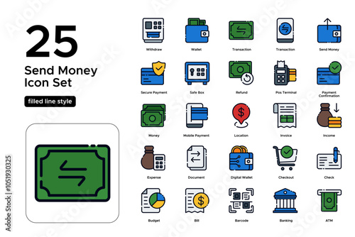 Send Money Filled Line Icon Set: Transfer Services, Payment Methods, and Secure Transactions Icons