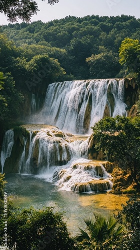 A serene waterfall cascading through lush greenery, creating a tranquil natural scene.