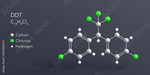 Fototapeta Naklejka Na Ścianę i Meble -  ddt molecule 3d rendering, flat molecular structure with chemical formula and atoms color coding