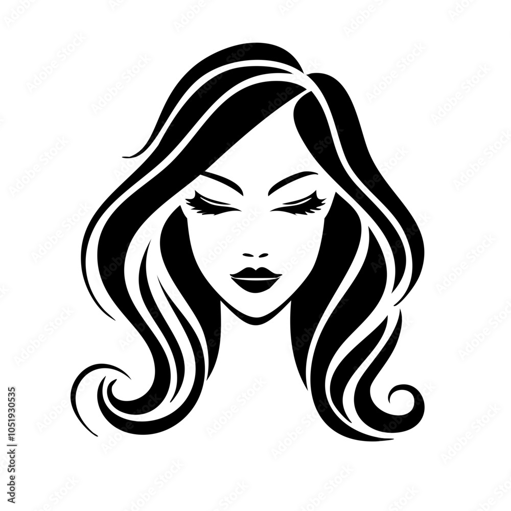 Stylish elegant black silhouette logo of woman's face with long hair, lashes, and lips for beauty and makeup brands, isolated on white background. Stylish elegant black silhouette logo of woman's face with long hair, lashes, and lips for beauty and makeup brands, isolated on white background.