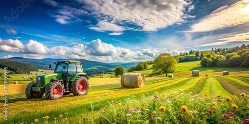 Long Exposure of Tractor Compacting Grass into Bales in a Serene Meadow Landscape