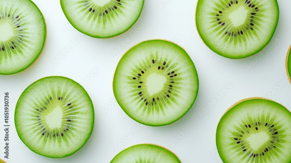 A single kiwi fruit cut into thin slices, fanned out on a pristine white surface, each slice glowing with vibrant green tones and delicate seeds A single kiwi fruit cut into thin slices, fanned out on a pristine white surface, each slice glowing with vibrant green tones and delicate seeds