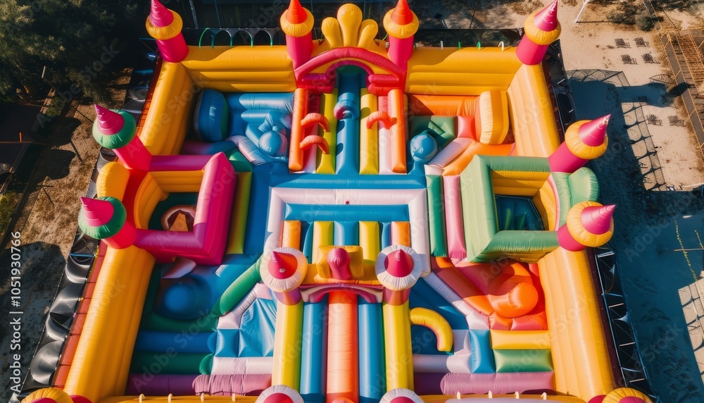 Fototapeta premium Majestic Inflatable Wonderland: Explore the Colorful Castle Labyrinth