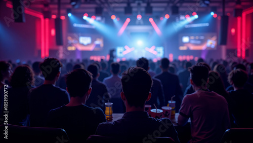 An Energetic Scene of Enthusiastic Spectators Fully Engaged in a Thrilling Video Game Tournament Surrounded by Snacks