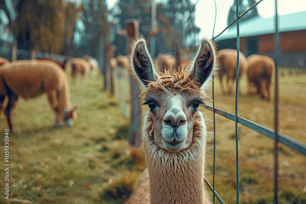 Naklejka premium Generated AI portrait of brown or beige alpaca on a green field grass