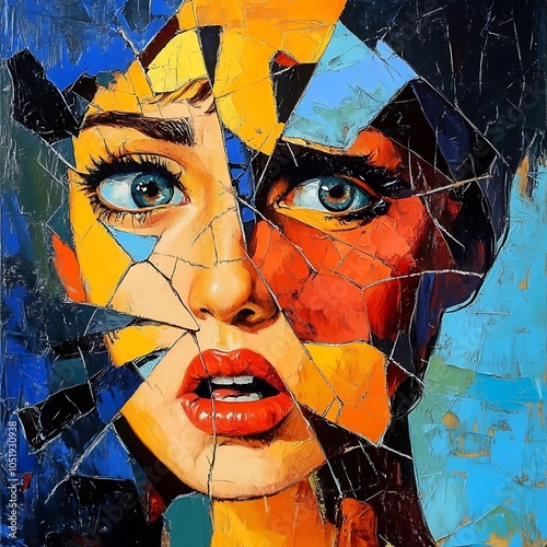 Abstract Portrait of a Woman with Broken Glass Effect.