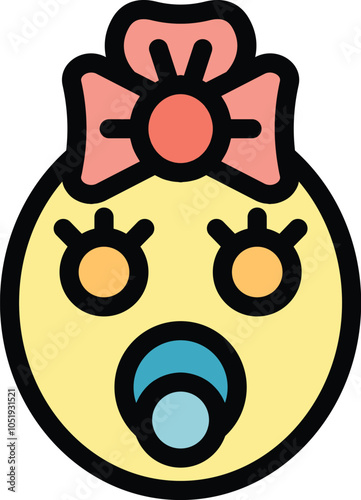 Simple flat vector illustration of a baby girl with a pacifier, wearing a pink bow, smiling and looking right at you
