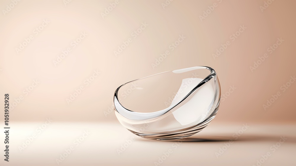 There is a glass bowl with a unique, wavy design, sitting on a light brown surface. The bowl is empty. It appears to be made of clear glass and reflects the light. It stands out against the simple There is a glass bowl with a unique, wavy design, sitting on a light brown surface. The bowl is empty. It appears to be made of clear glass and reflects the light. It stands out against the simple