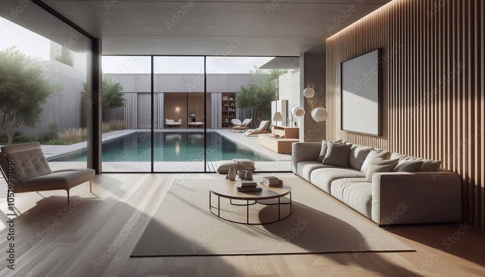 Modern minimalist stylish living room with natural light coming through sliding doors to the outdoor pool Modern minimalist stylish living room with natural light coming through sliding doors to the outdoor pool