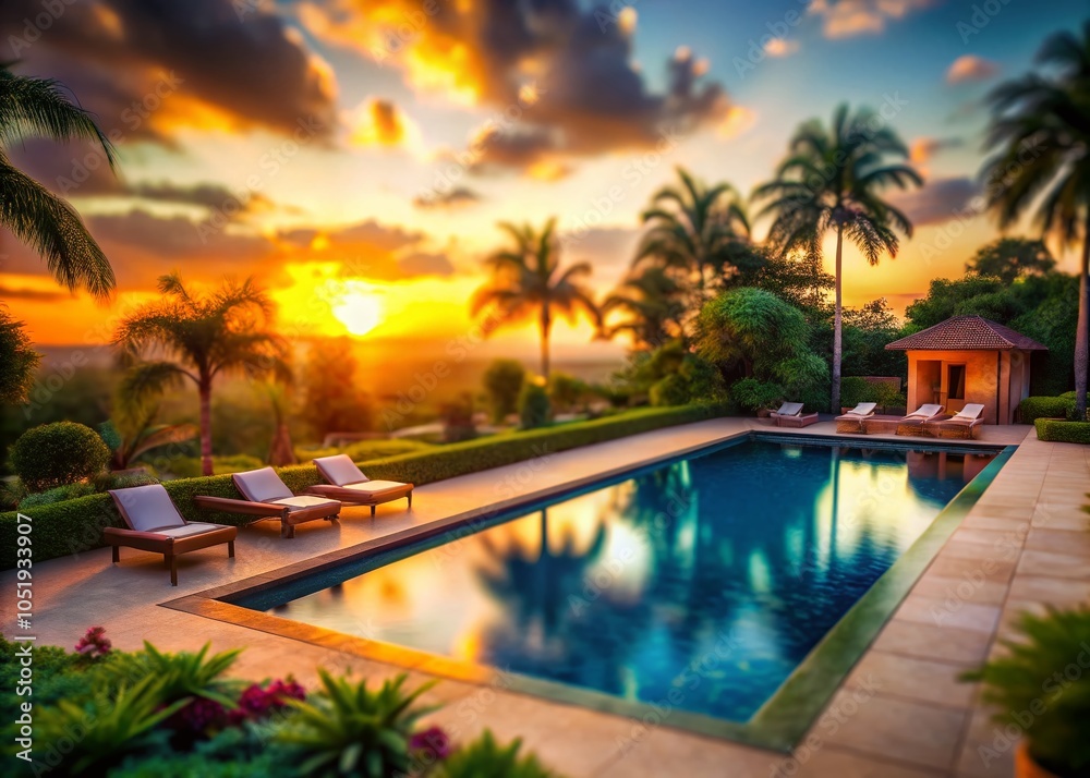 Fototapeta premium Luxury Pool at Sunset - Serene Oasis with Tilt-Shift Effect for Stunning Visuals