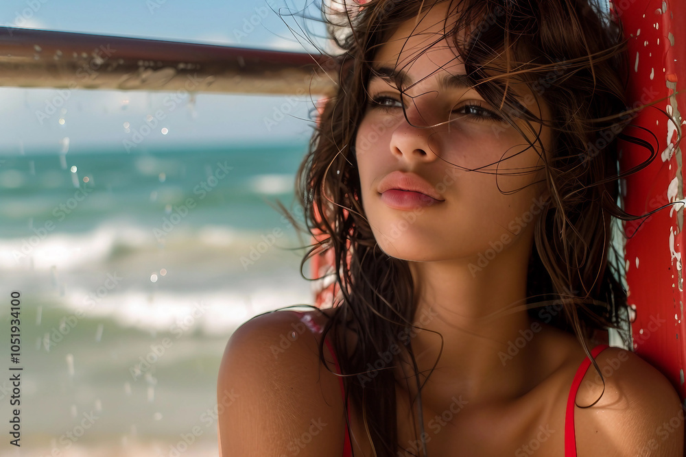 Coastguard standing on a crowded beach with umbrellas and swimmers, watching over the safety of beachgoers, Generative AI Coastguard standing on a crowded beach with umbrellas and swimmers, watching over the safety of beachgoers, Generative AI