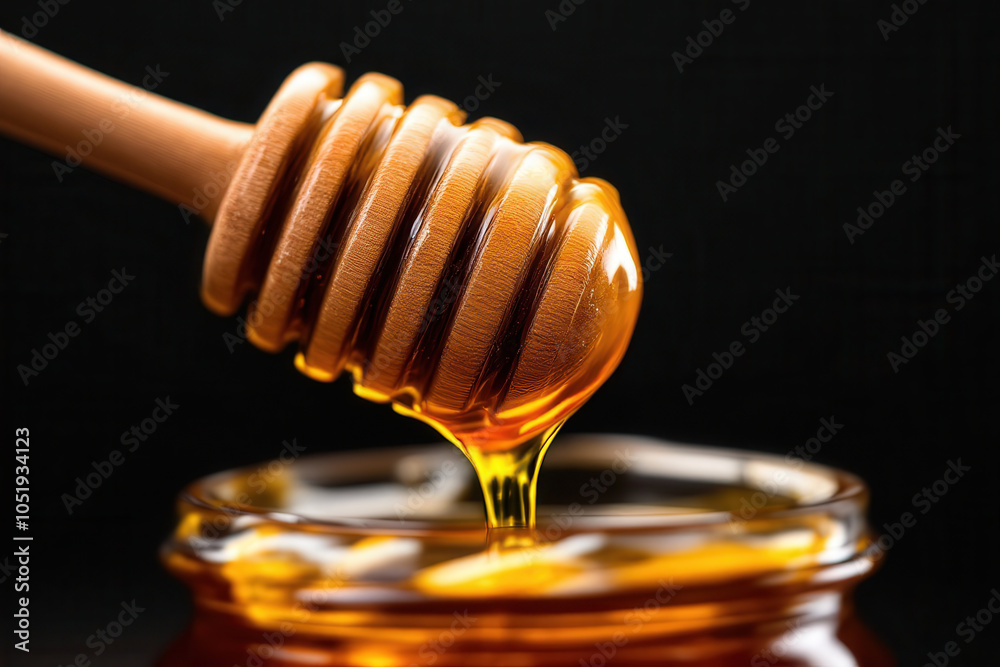 A close-up view of a honey dipper being dipped into a jar of golden honey.
