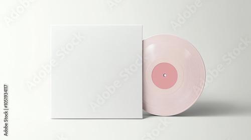 A pink vinyl record mock up, a pink inner label, plain, blank, white sleeve on a white backdrop 