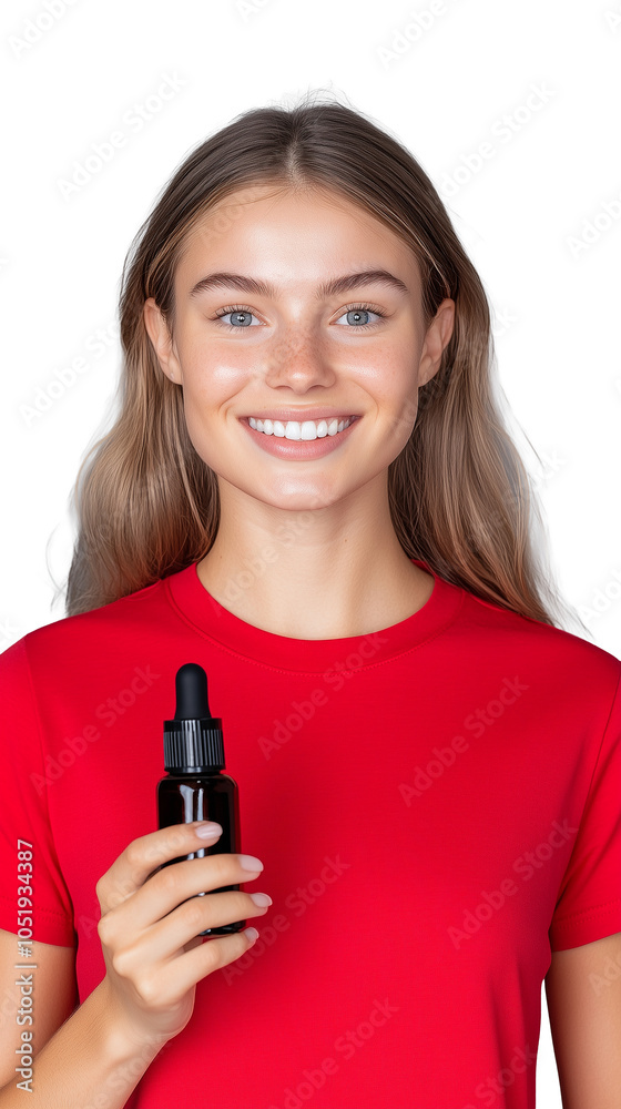 Smiling woman holding skincare bottle in red shirt on transparent background Smiling woman holding skincare bottle in red shirt on transparent background