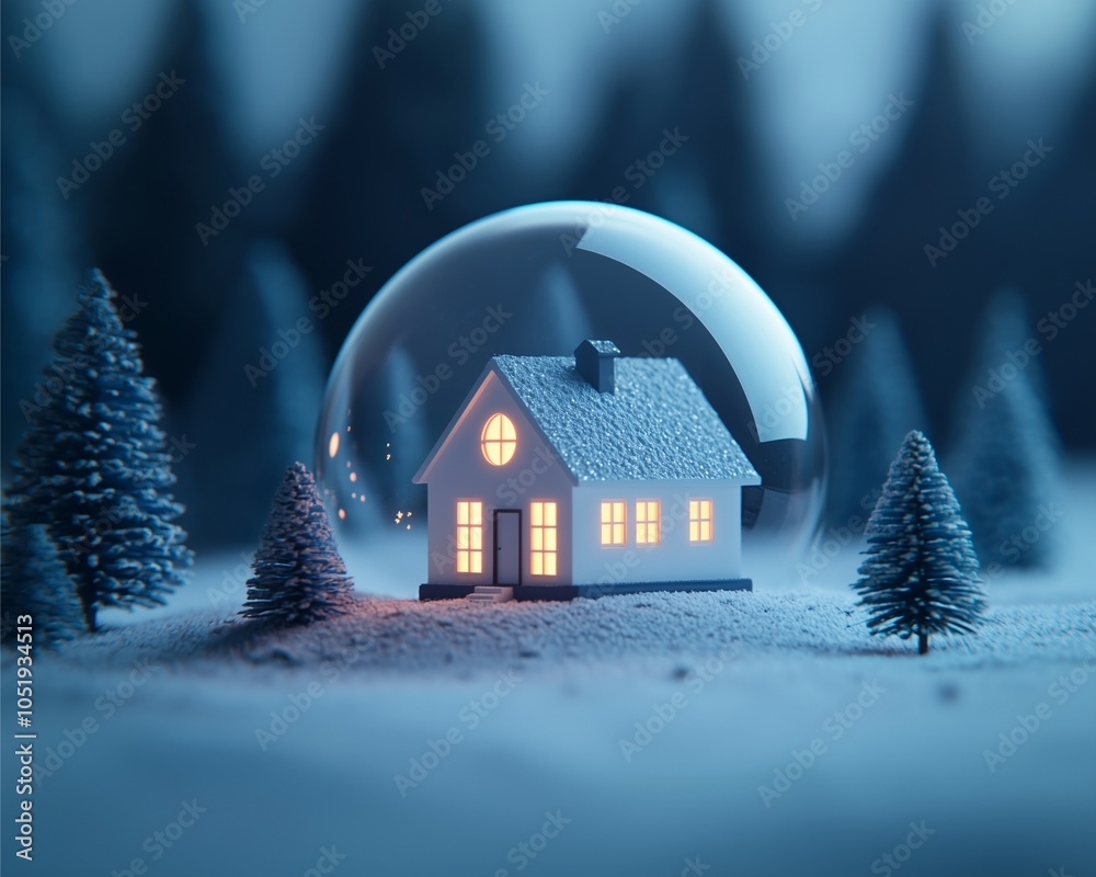 A cozy winter scene featuring a small, illuminated house inside a glass dome, surrounded by snowy trees, evoking a sense of warmth and tranquility. A cozy winter scene featuring a small, illuminated house inside a glass dome, surrounded by snowy trees, evoking a sense of warmth and tranquility.