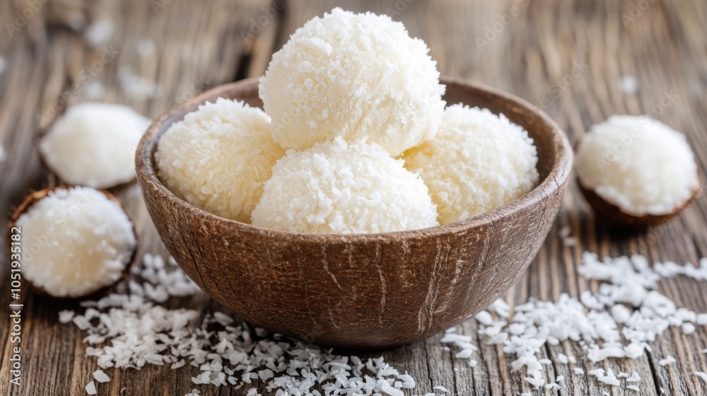 Coconut ice cream scoops in a simple bowl with coconut flakes, on a weathered wood background. Coconut ice cream scoops in a simple bowl with coconut flakes, on a weathered wood background.