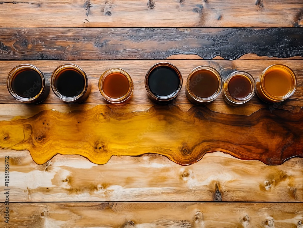 A row of coffee cups sitting on top of a wooden table A row of coffee cups sitting on top of a wooden table