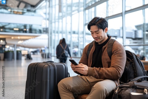 A man seated at an airport terminal checks his smartphone. He has luggage by his side, depicting a scene of travel preparation and digital connectivity. photo