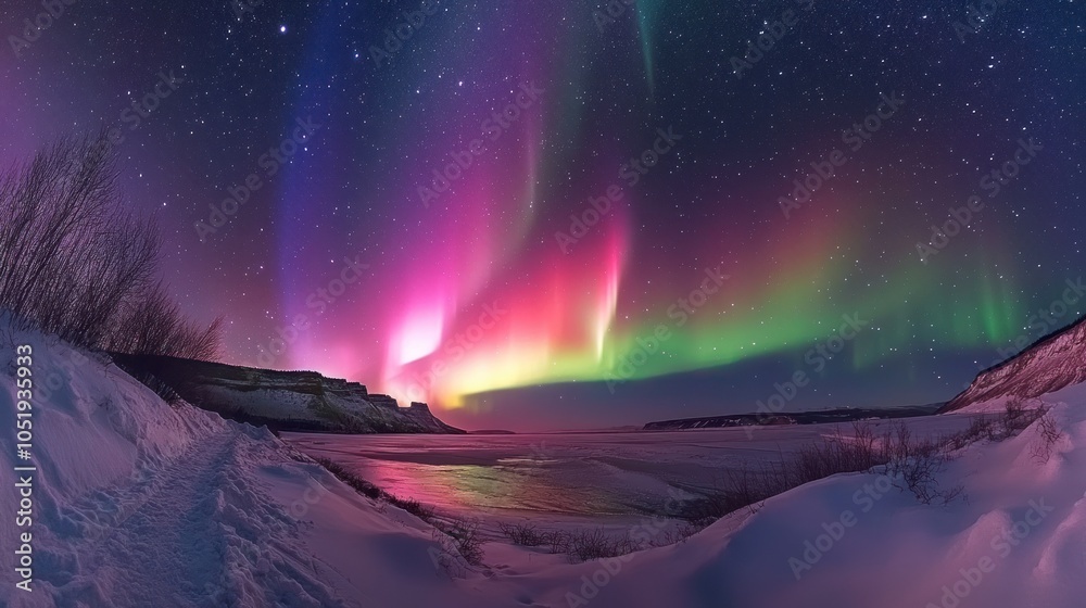 A vibrant display of the aurora borealis (Northern Lights) illuminates the night sky over a snowy landscape. A vibrant display of the aurora borealis (Northern Lights) illuminates the night sky over a snowy landscape.