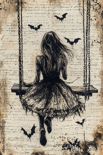 A solitary girl swings in shadows amidst whispers of bats and eerie atmosphere on old paper background