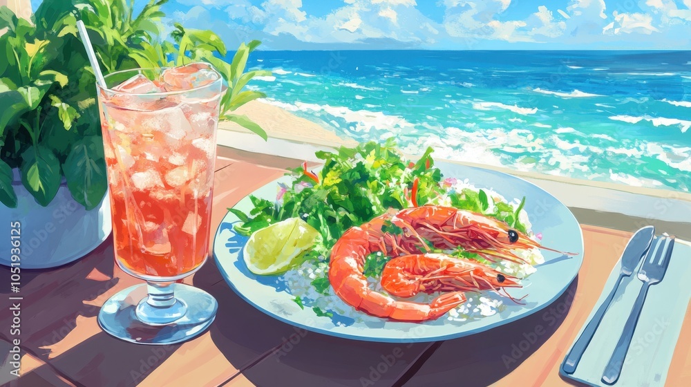 Delicious rice dish with juicy grilled shrimp, fresh salad, and iced drink on a summer afternoon. Delicious rice dish with juicy grilled shrimp, fresh salad, and iced drink on a summer afternoon.